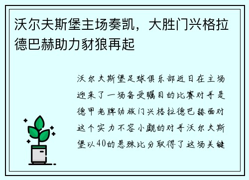 沃尔夫斯堡主场奏凯，大胜门兴格拉德巴赫助力豺狼再起